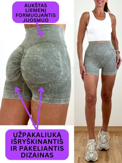 Šortai push up su įsiūle aukštu liemeniu chaki S3-2580