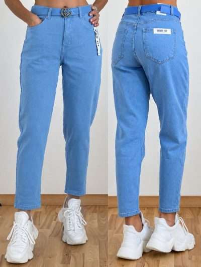 Džinsai "MOON GIRL"su diržu "MOM FIT" stiliaus mėlyni 687-18