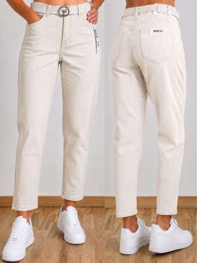Džinsai "MOON GIRL"su diržu "MOM FIT" stiliaus kreminiai 687/686-57