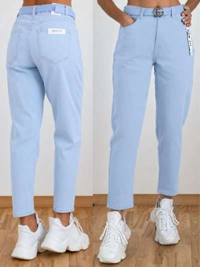 Džinsai "MOON GIRL"su diržu "MOM FIT" stiliaus žydri 686-16