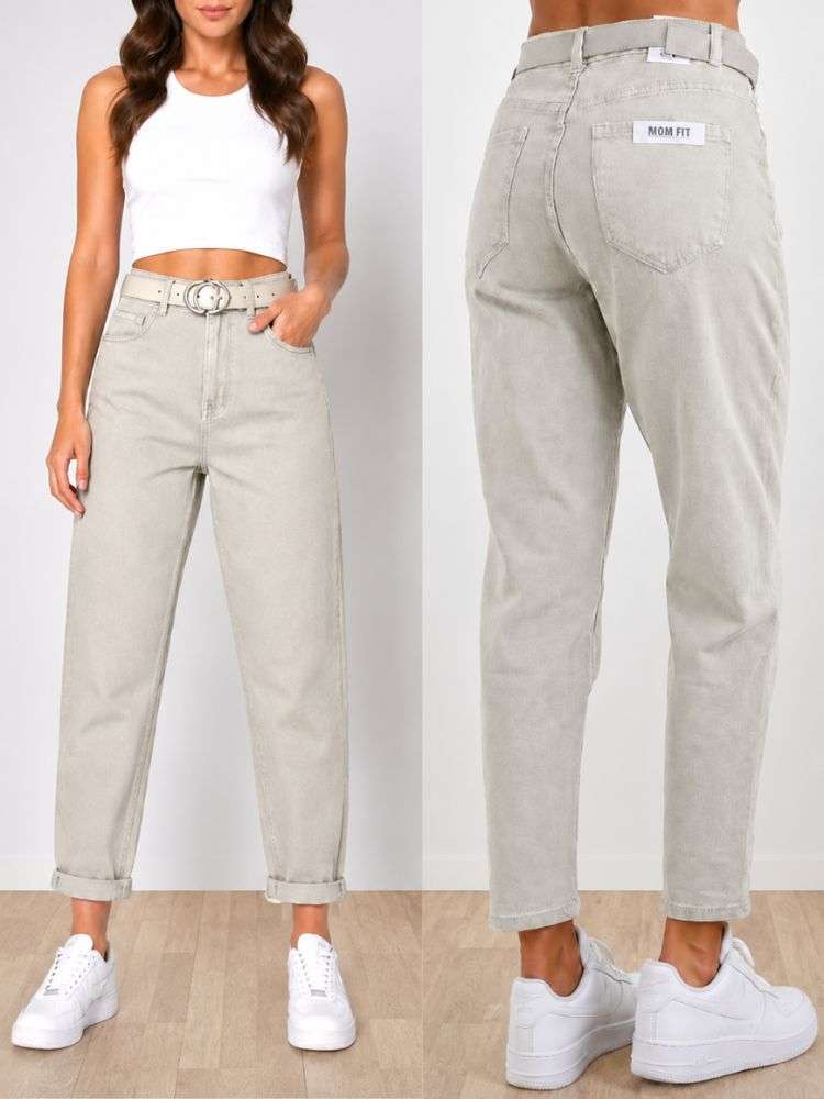 Džinsai "MOON GIRL"su diržu "MOM FIT" stiliaus smėlio pilki 687-31