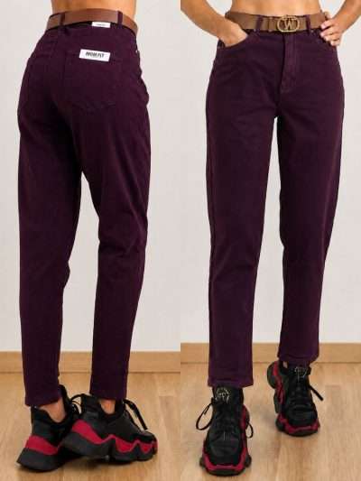 Džinsai "MOON GIRL"su diržu "MOM FIT" vyno spalvos 698-36