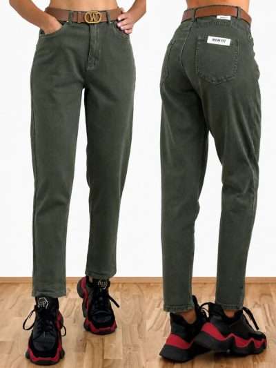 Džinsai "MOON GIRL"su diržu "MOM FIT" eukalipto spalvos KF692-35