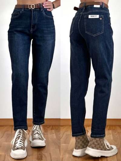 Džinsai "MOON GIRL"su diržu "MOM FIT" tamsiai mėlyni KF699-39
