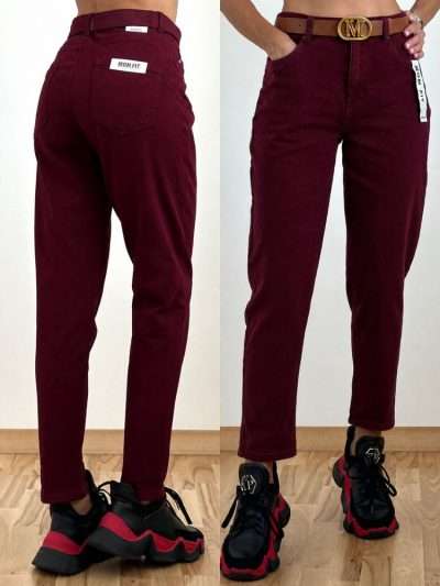 Džinsai "MOON GIRL"su diržu "MOM FIT" vyno spalvos KF692-34