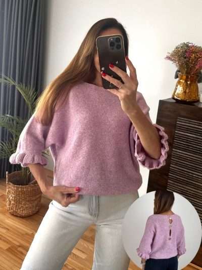 Megztinis Itališkas su "baby alpaka" vilna šviesiai alyvinė nugara su sagomis